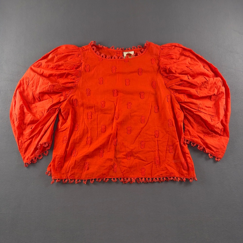 Farm Rio 3D Pineapple Blouse Women Large Red Puff Sleeve Pom Pom Trim Top 300174
